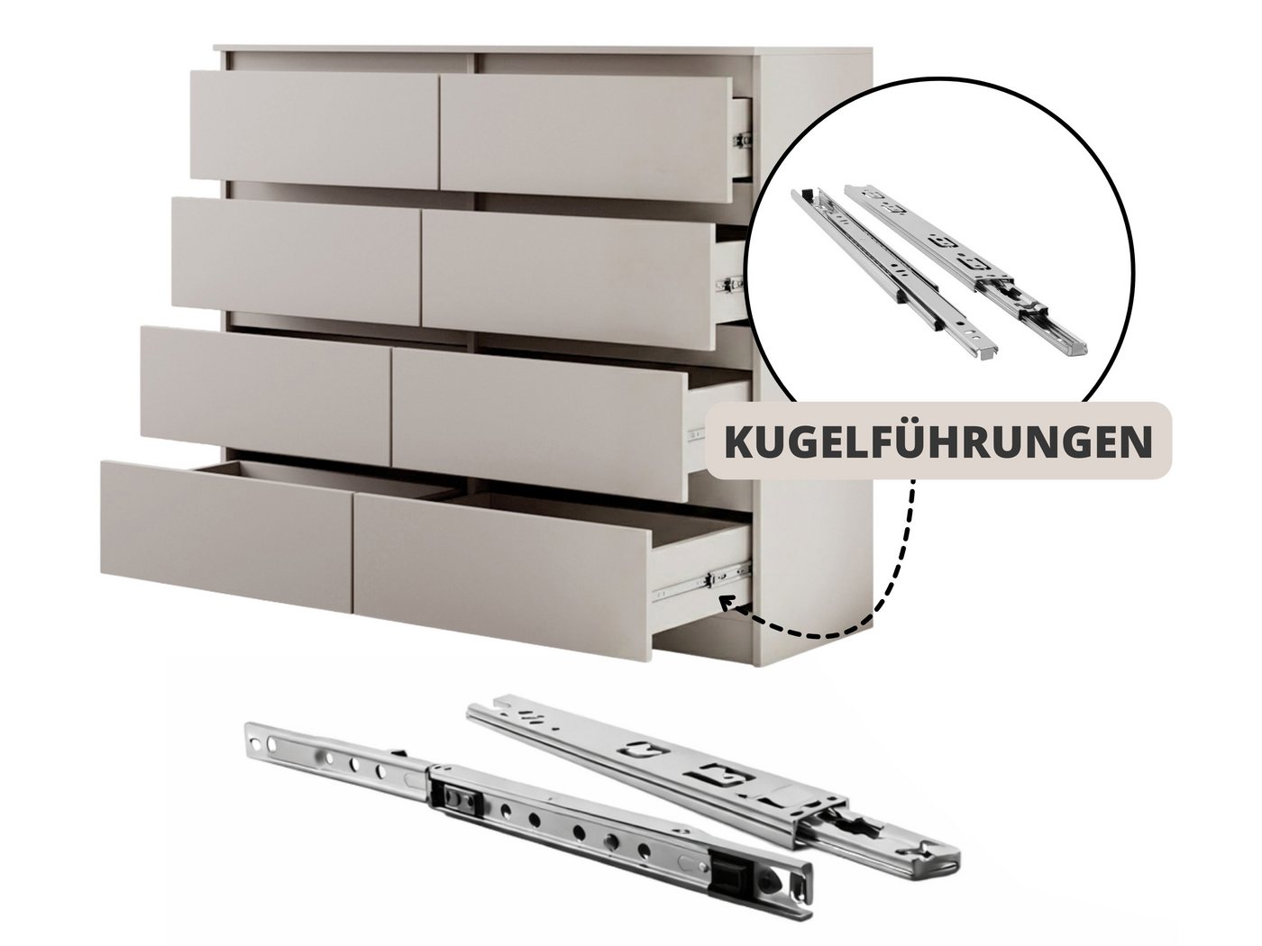 Beautysofa Kommode LEMON Kaschmir mit 8 Schubladen (Moderne Schubladenkommode Sideboard, mit Kugelführungen), Breite: 120 cm oder 140 cm – Bild 3 von 5
