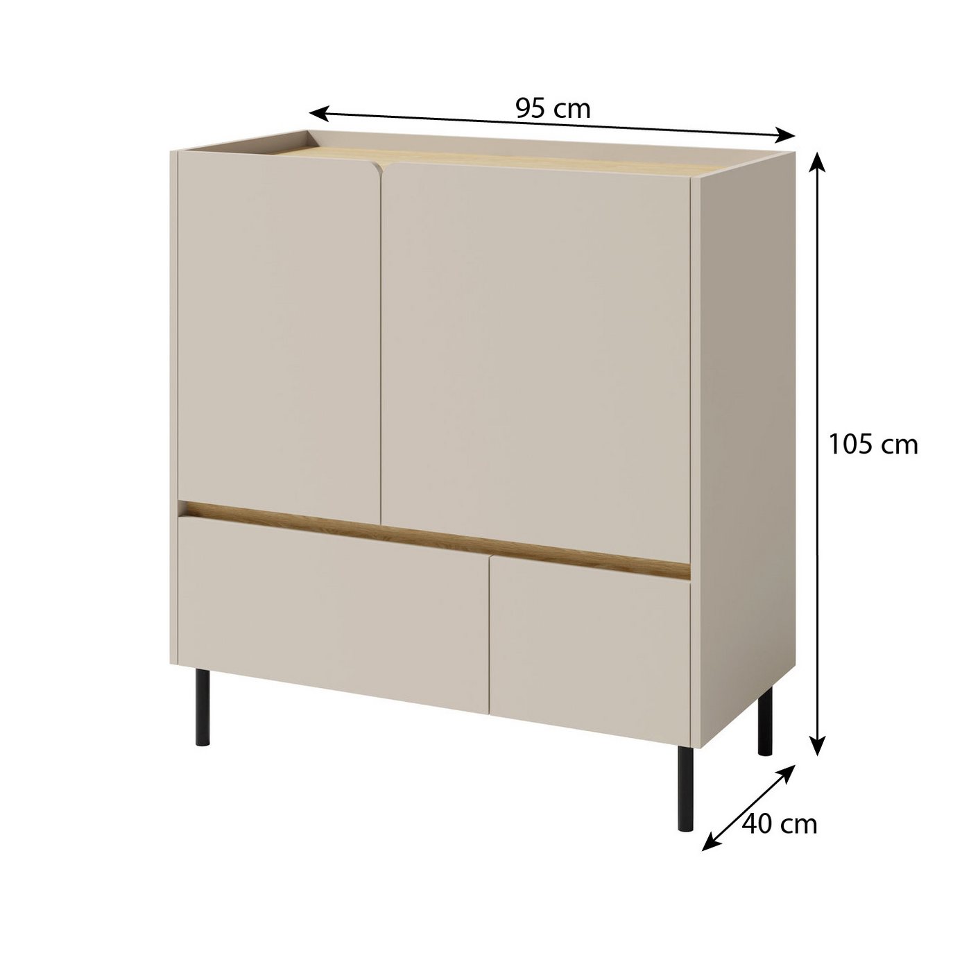 Beautysofa Kommode LICO mit 2 Schubladen, 2 Türen, 2 Regalböden (ideal für Jugendzimmer, Schlafzimmer, 95x40x105 cm), moderne Farben Sandbeige oder Eukalyptus – Bild 2 von 5