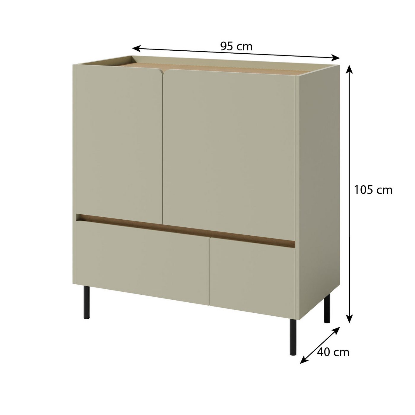 Beautysofa Kommode LICO mit 2 Schubladen, 2 Türen, 2 Regalböden (ideal für Jugendzimmer, Schlafzimmer, 95x40x105 cm), moderne Farben Sandbeige oder Eukalyptus – Bild 2 von 5