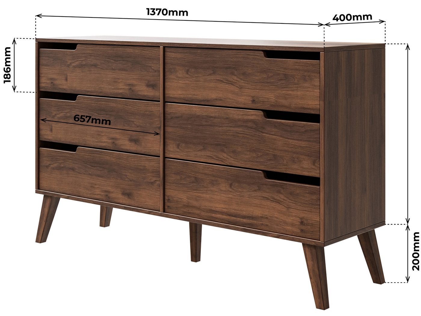Beautysofa Kommode NOREL modernes Design mit sechs geräumigen Schubladen (erhältlich in Braun Walnuss & Cashmere), Breite: 137 cm – Bild 4 von 5