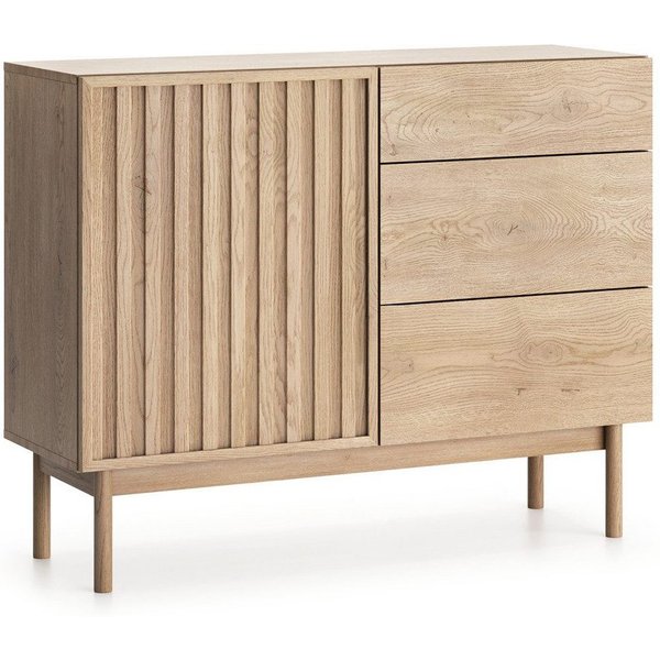 Beautysofa Kommode SAPPORO im Japandi-Stil (Push-to-Open-Funktion, mit 3 Schubladen und 1 Tür), Lamellenfront