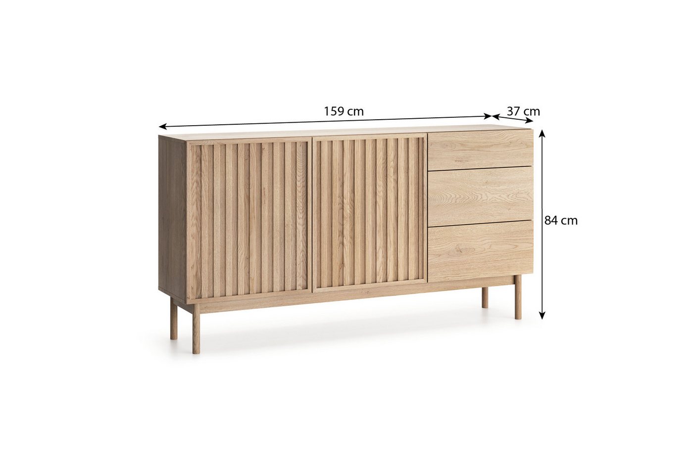Beautysofa Kommode SAPPORO im Japandi-Stil (Push-to-Open-Funktion, mit 3 Schubladen und 2 Tür), Lamellenfront – Bild 2 von 5