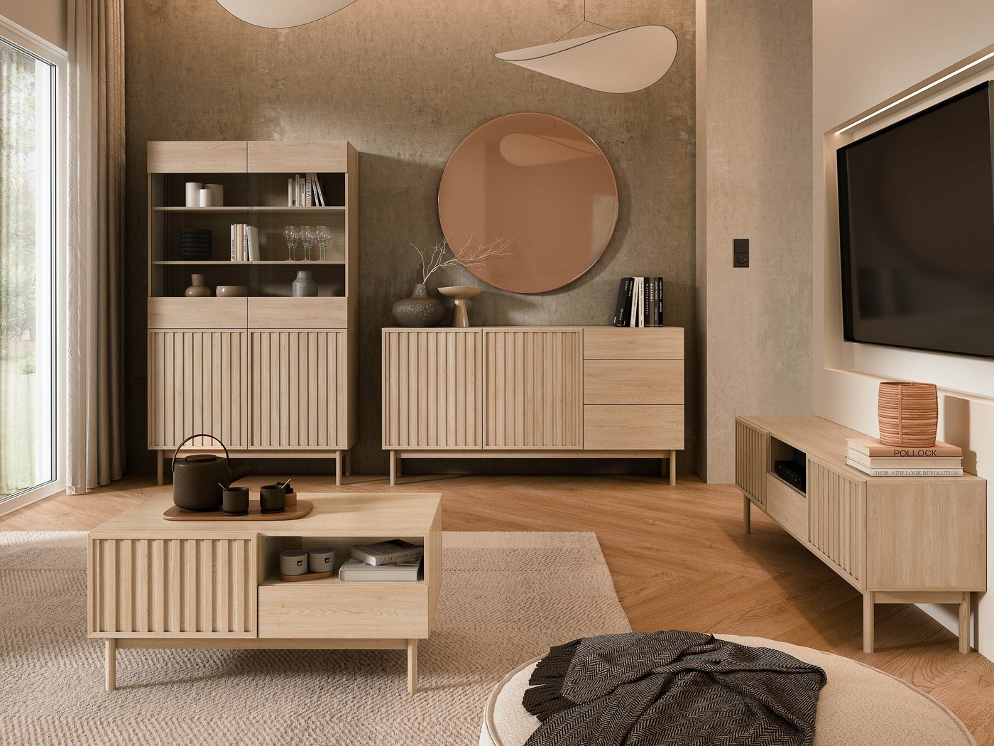 Beautysofa Kommode SAPPORO im Japandi-Stil (Push-to-Open-Funktion, mit 3 Schubladen und 2 Tür), Lamellenfront – Bild 3 von 5