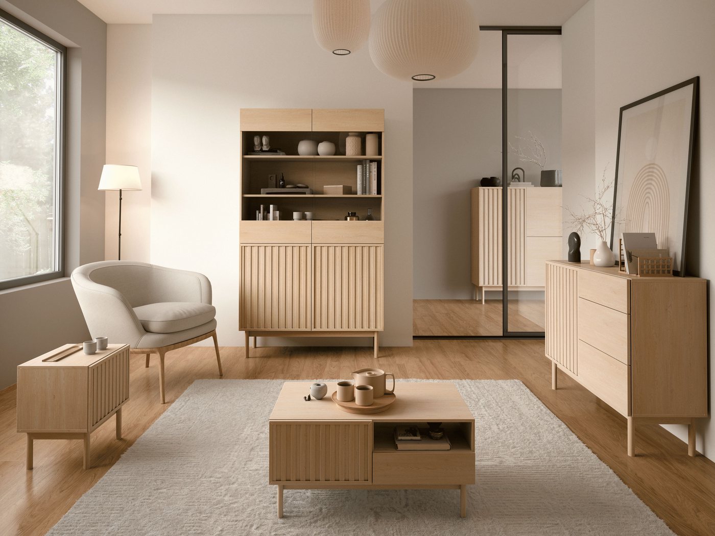 Beautysofa Kommode SAPPORO im Japandi-Stil (Push-to-Open-Funktion, mit 3 Schubladen und 2 Tür), Lamellenfront – Bild 4 von 5
