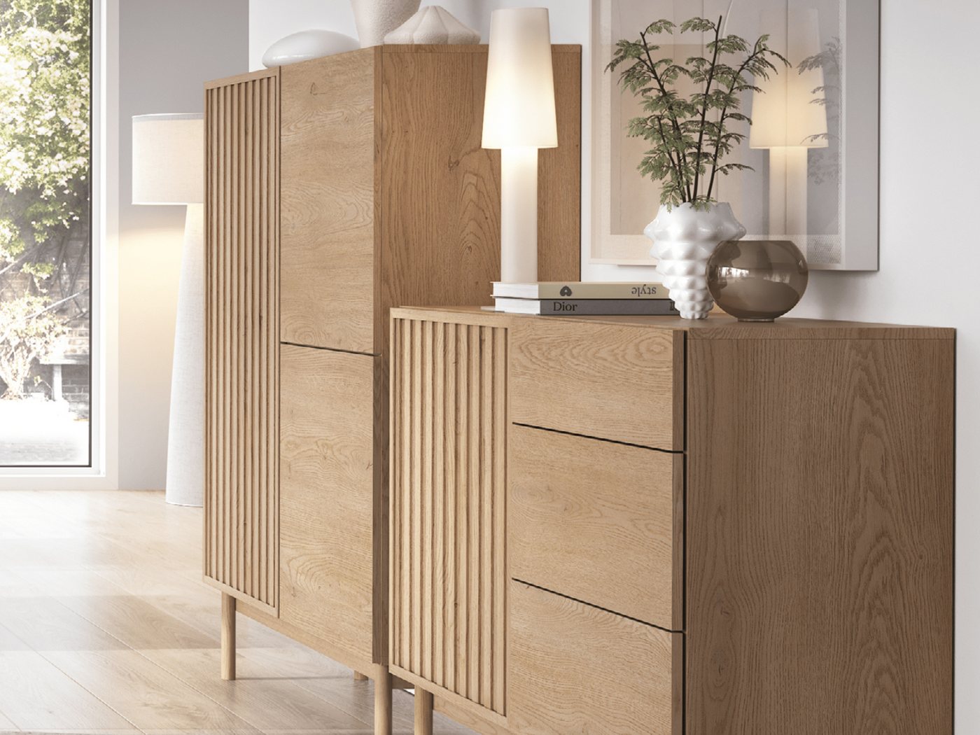 Beautysofa Kommode SAPPORO im Japandi-Stil (Push-to-Open-Funktion, mit 3 Schubladen und 2 Tür), Lamellenfront – Bild 5 von 5