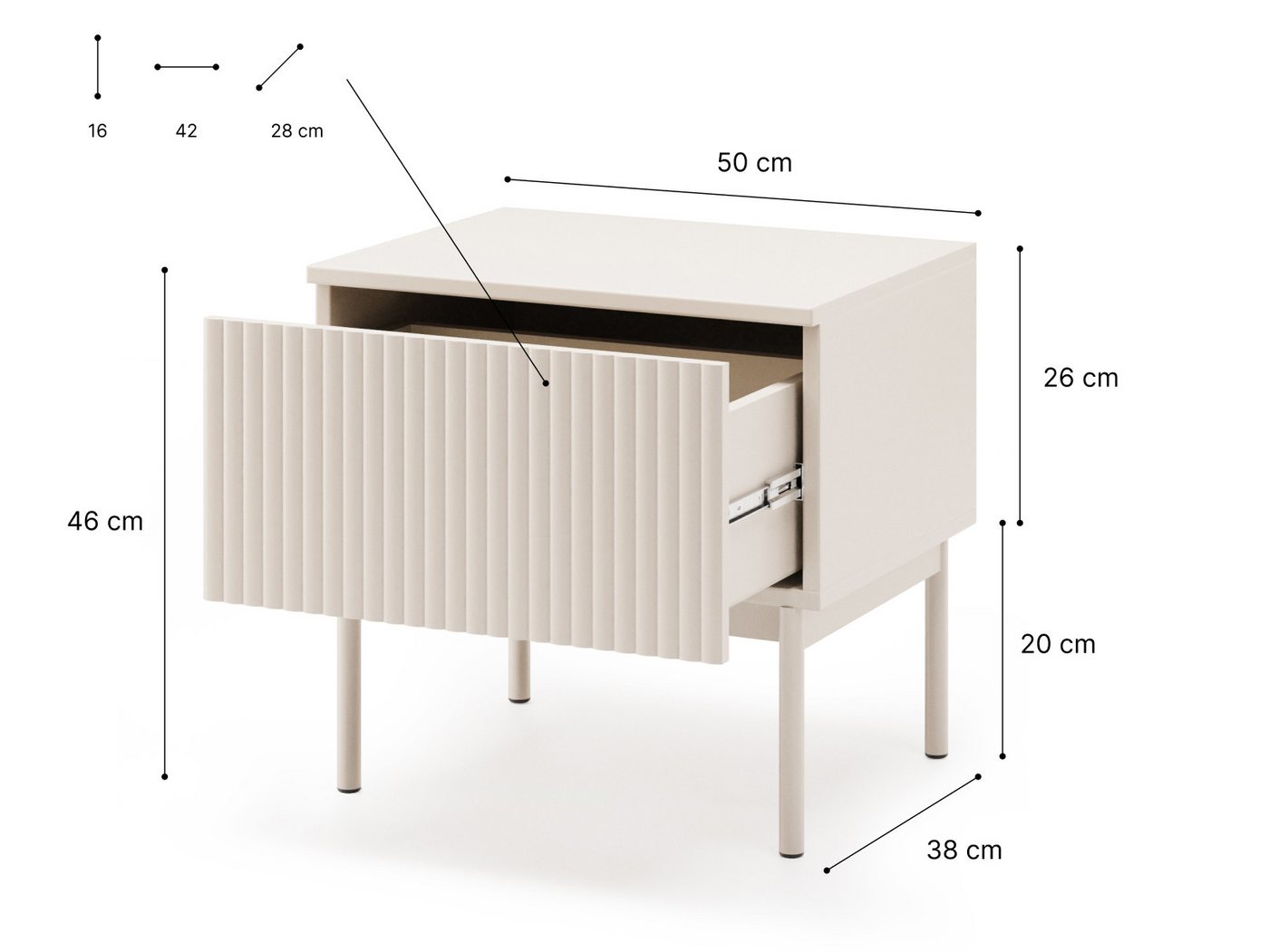 Beautysofa Nachttisch SOFT Rillenfronten & Push-to-Open-System (mit Eine Schublade, In der trendigen Farbe Kaschmir), Breite: 50 cm – Bild 4 von 4