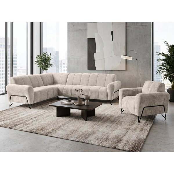Beautysofa Polstergarnitur im modernen Stil auf hohen Metallbeinen VOLARE, (Sofagarnitur aus Chenille-Stoff, Beige Grau, Ecksofa L + Sessel Set moderne Couchgar