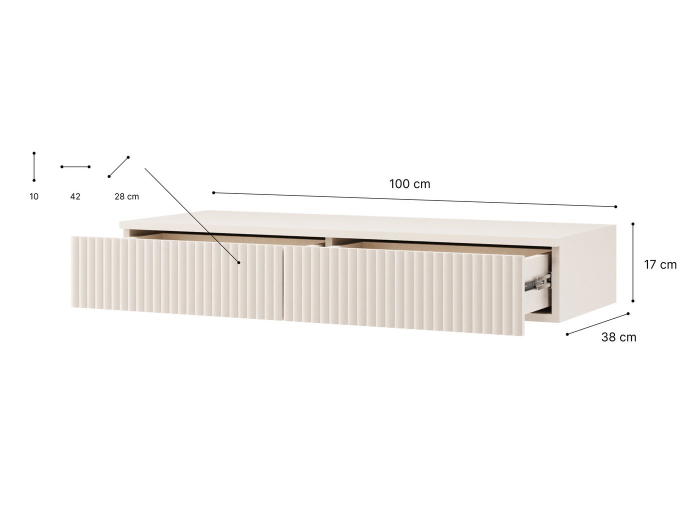 Beautysofa Schminktisch Soft Hängend, Rillenfronten & Push-to-Open-System (mit zwei Schubladen, In der trendigen Farbe Kaschmir), Breite: 100 cm – Bild 4 von 5