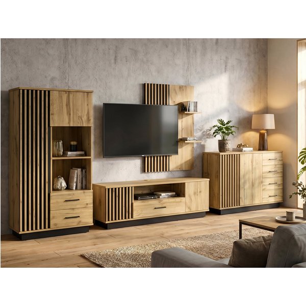 Beautysofa Wohnwand LAMELO Design Loft Möbelset, (Wohnzimmer Set 4-teilig Eiche Wotan+Schwarz, TV-Schrank Kommode Hochkommode Wandregal), mit Lamellen