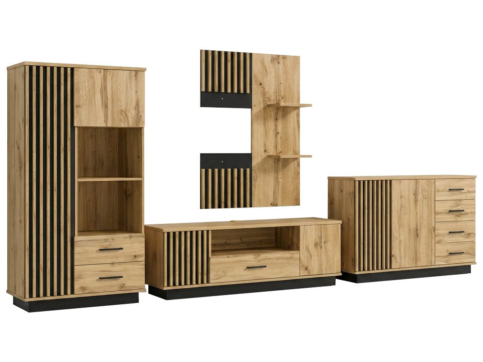 Beautysofa Wohnwand LAMELO Design Loft Möbelset, (Wohnzimmer Set 4-teilig Eiche Wotan+Schwarz, TV-Schrank Kommode Hochkommode Wandregal), mit Lamellen – Bild 2 von 5