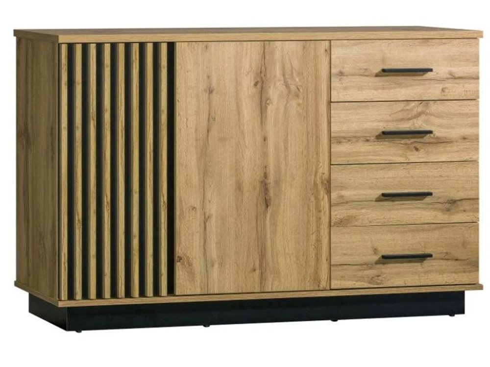 Beautysofa Wohnwand LAMELO Design Loft Möbelset, (Wohnzimmer Set 4-teilig Eiche Wotan+Schwarz, TV-Schrank Kommode Hochkommode Wandregal), mit Lamellen – Bild 3 von 5