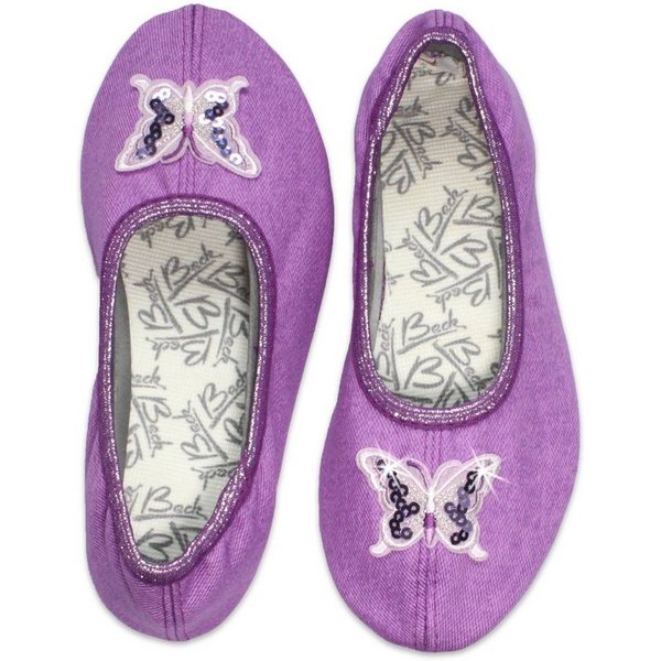 Beck Schläppchen Schmetterling Gymnastikschuh (Trendfarbe lila) Schmetterling mit Pailetten) mit rutschfester Gummi-Laufsohle