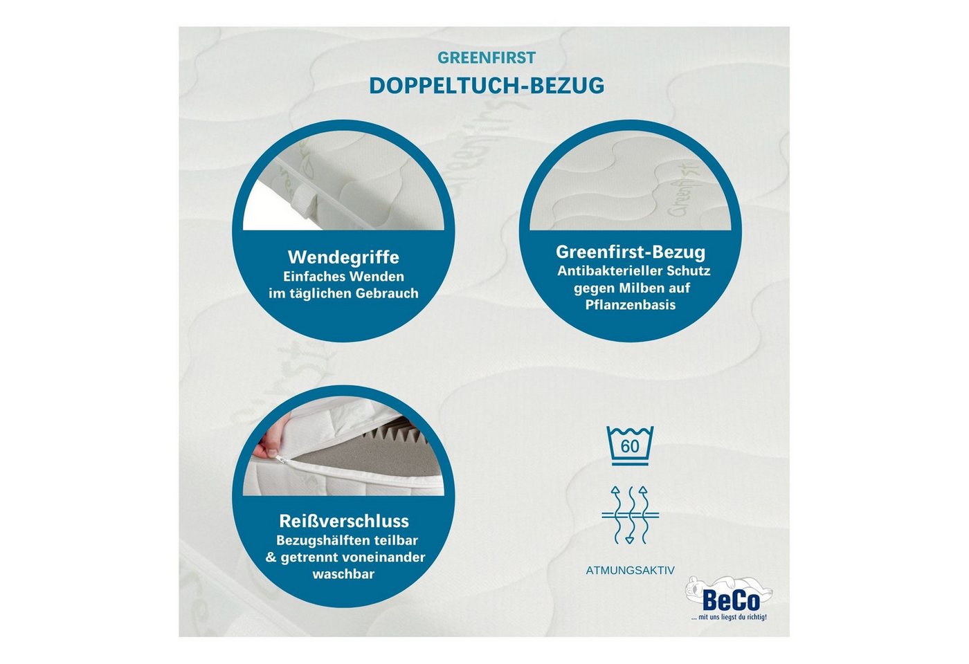 Kaltschaummatratze 7-Zonen, 18 cm hoch, Active Greenfirst, CertiPUR zertifiziert, Beco, 18 cm hoch, (Matratze 80x200 cm, hergestellt in Deutschland, Härtegrad H – Bild 5 von 5