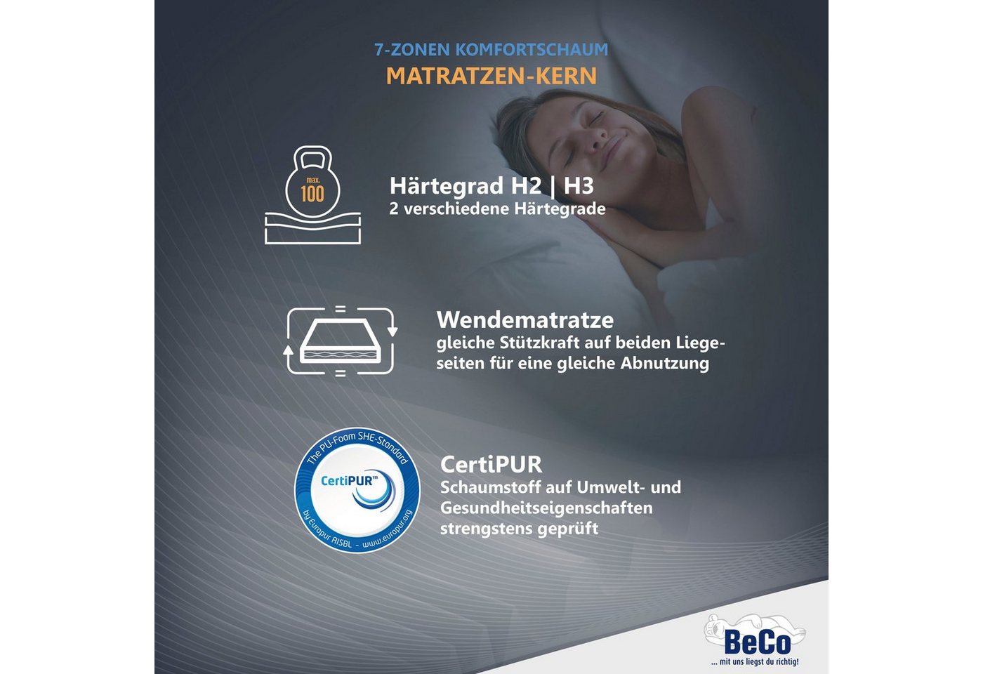 Komfortschaummatratze Matratze,7 Zonen, Komfortschaum, zwei Liegeseiten, Beco, Matratze Selection MF in zwei Höhen 14 oder 22 cm ! – Bild 3 von 5
