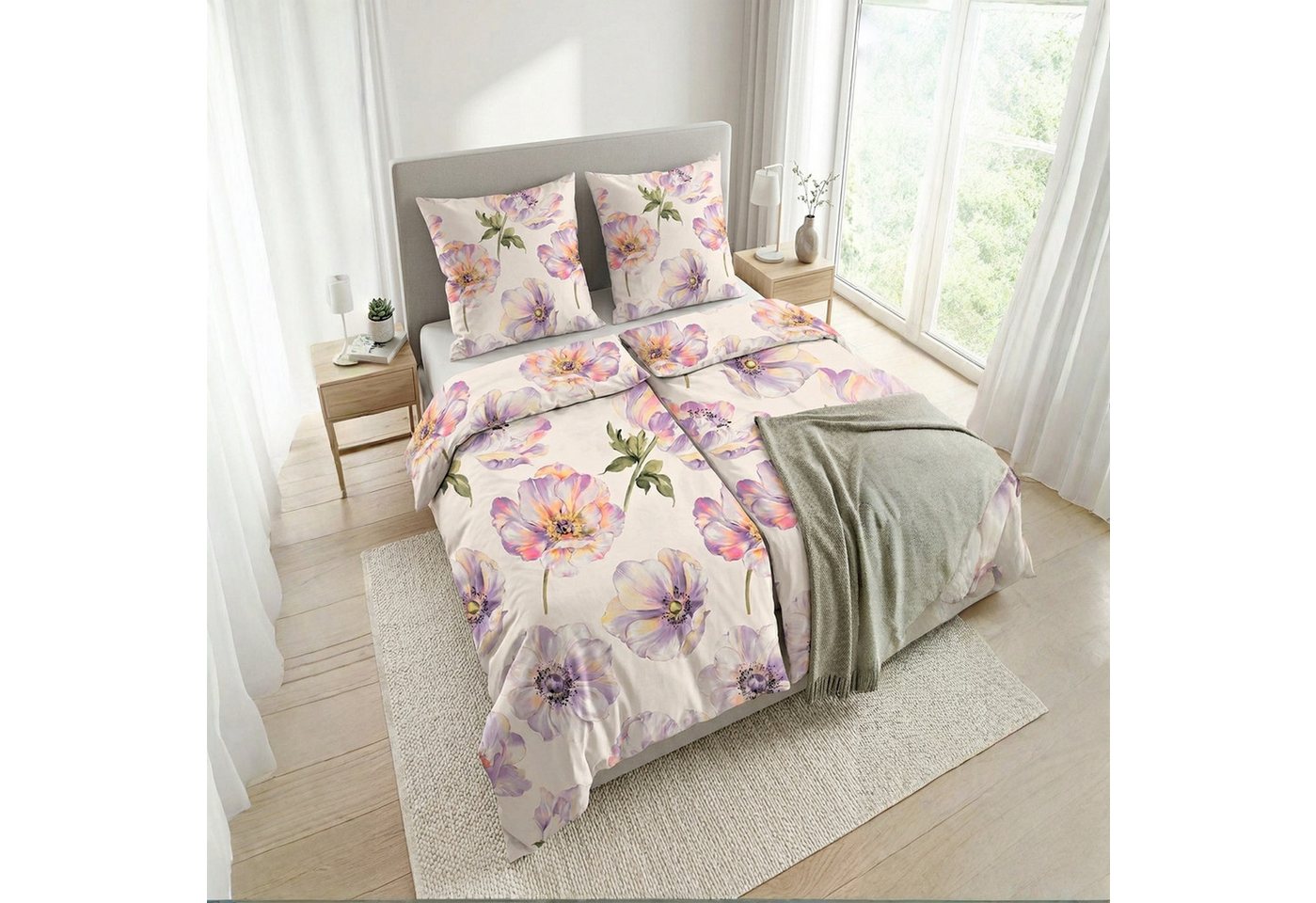 Beddinghouse Bettwäsche Satin Baumwolle, Satin, lila Blüten auf hellem Hintergrund – Bild 2 von 5
