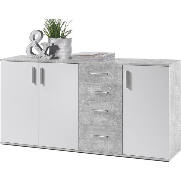 Bega Consult Kommode aus Spanplatte, in Beton / Weiß, mit 3 Türen, 2 Schubkästen (B/H/T 160 x 82 x 35 cm)
