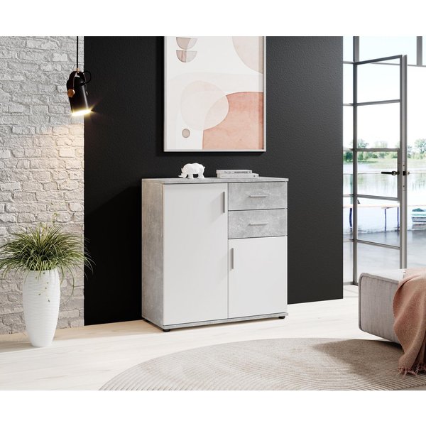 Bega Consult Kommode aus Spanplatte, in Beton / Weiß, mit 2 Türen, 2 Schubkästen (B/H/T 80 x 82 x 35 cm)