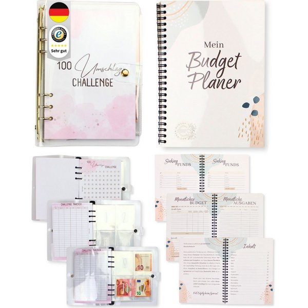 BeginnerBudget Ringbuchmappe Budget Planner Haushaltsbuch + 100 Umschläge Spar-Challenge (Packung, Set), Envelope Spar-Challenge für Bargeld – A5 Clear Binder S