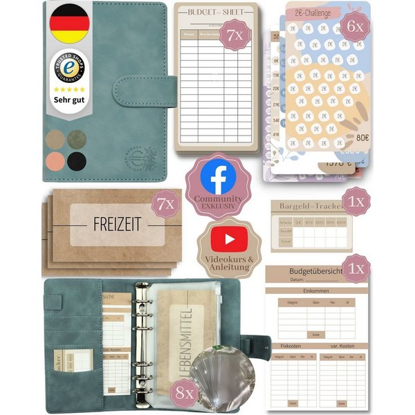 BeginnerBudget Ringbuchmappe Budgetplaner Starter-Set Sparbuch zum Geld Sparen + Spar-Challenges, Sparen mit Umschlagmethode + Anleitung - Ringbuch - Binder A6