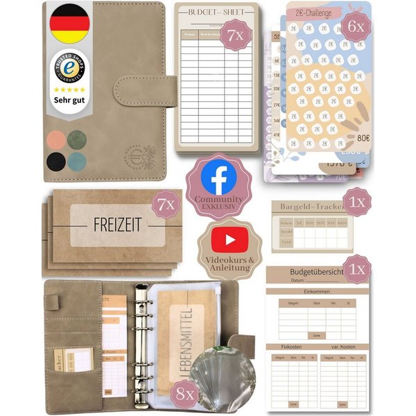 BeginnerBudget Ringbuchmappe Budgetplaner Starter-Set Sparbuch zum Geld Sparen + Spar-Challenges, Sparen mit Umschlagmethode + Anleitung - Ringbuch - Binder A6