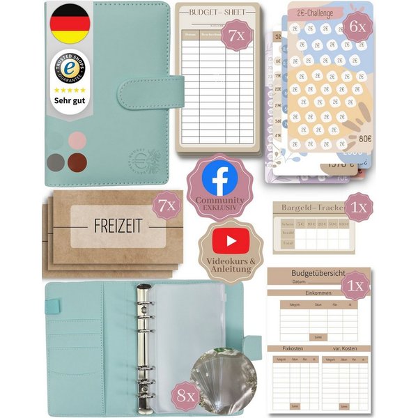 BeginnerBudget Ringbuchmappe Budgetplaner Starter-Set Sparbuch zum Geld Sparen + Spar-Challenges, Sparen mit Umschlagmethode + Anleitung - Ringbuch - Binder A6
