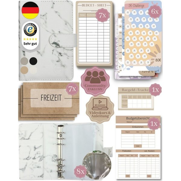 BeginnerBudget Ringbuchmappe Budgetplaner Starter-Set Sparbuch zum Geld Sparen + Spar-Challenges, Sparen mit Umschlagmethode + Anleitung - Ringbuch - Binder A6