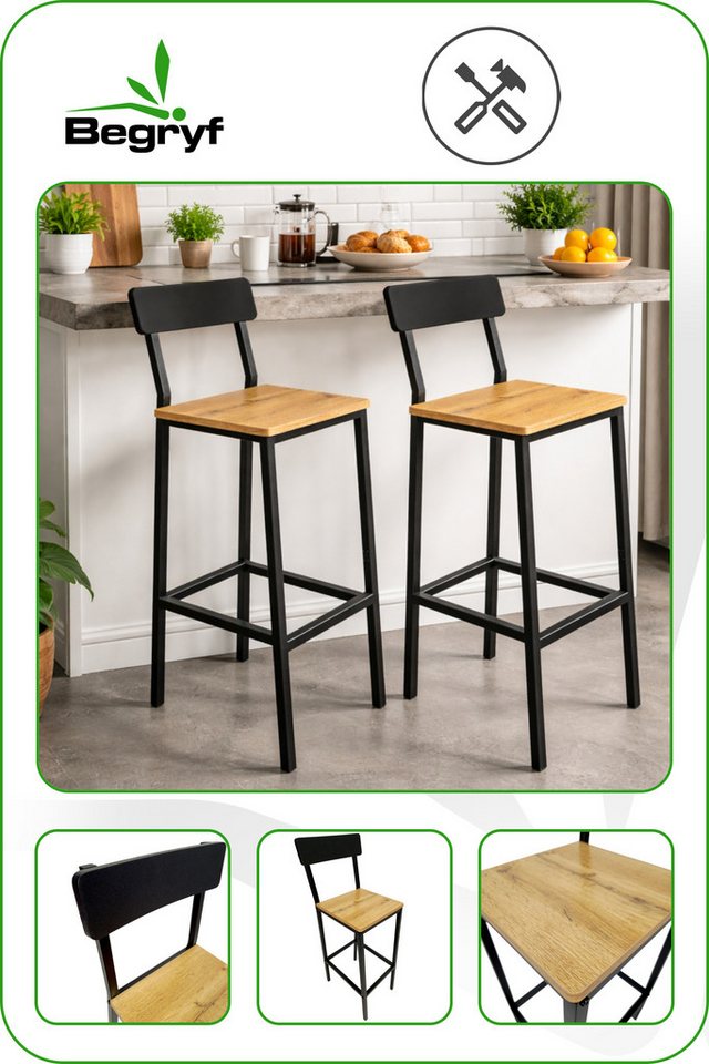 BEGRYF Barhocker 2er-Set Rückenlehne Schwarz Eichefarben 40 x 29,5 x 90 cm (Barhocker-Set, 2 St., 2er-Set) – Bild 2 von 5