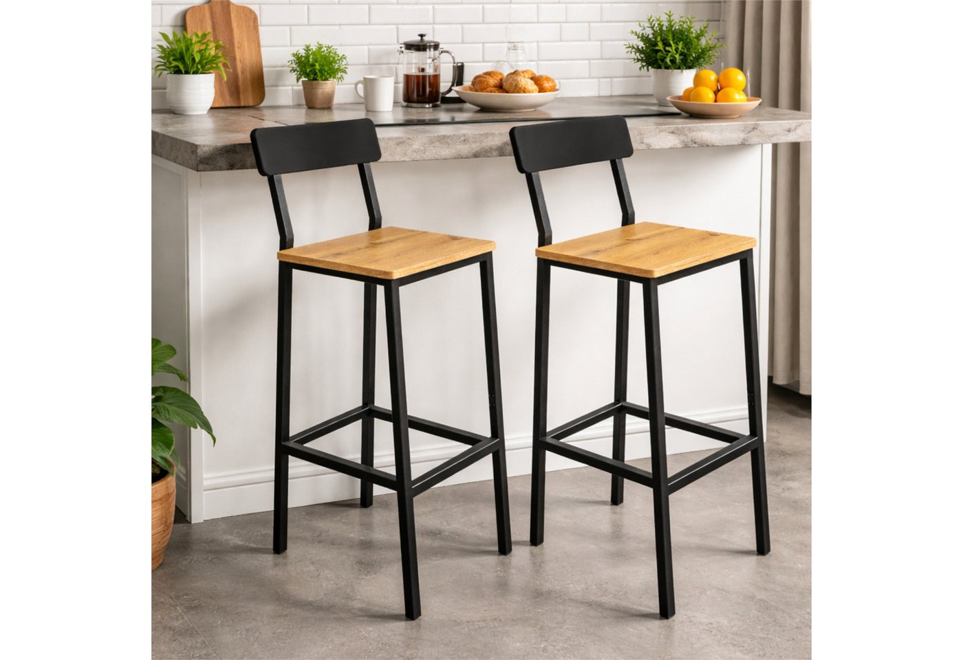BEGRYF Barhocker 2er-Set Rückenlehne Schwarz Eichefarben 40 x 29,5 x 90 cm (Barhocker-Set, 2 St., 2er-Set) – Bild 5 von 5