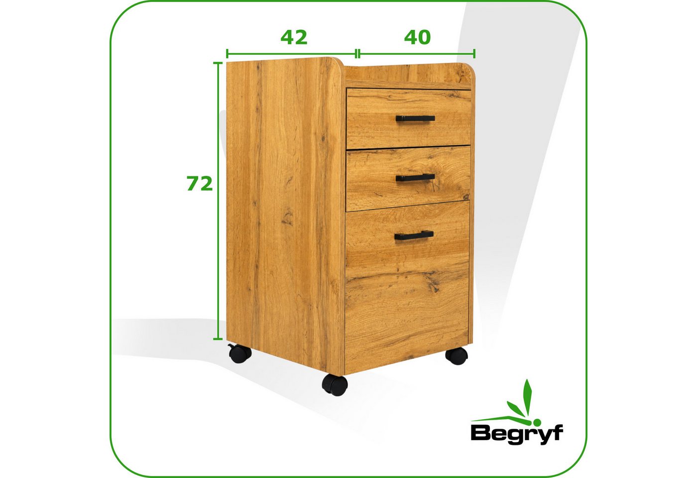BEGRYF Rollcontainer Eichefarben 40 x 42 x 72 cm, mit 3 Schubladen, auf Rollen – Bild 3 von 5