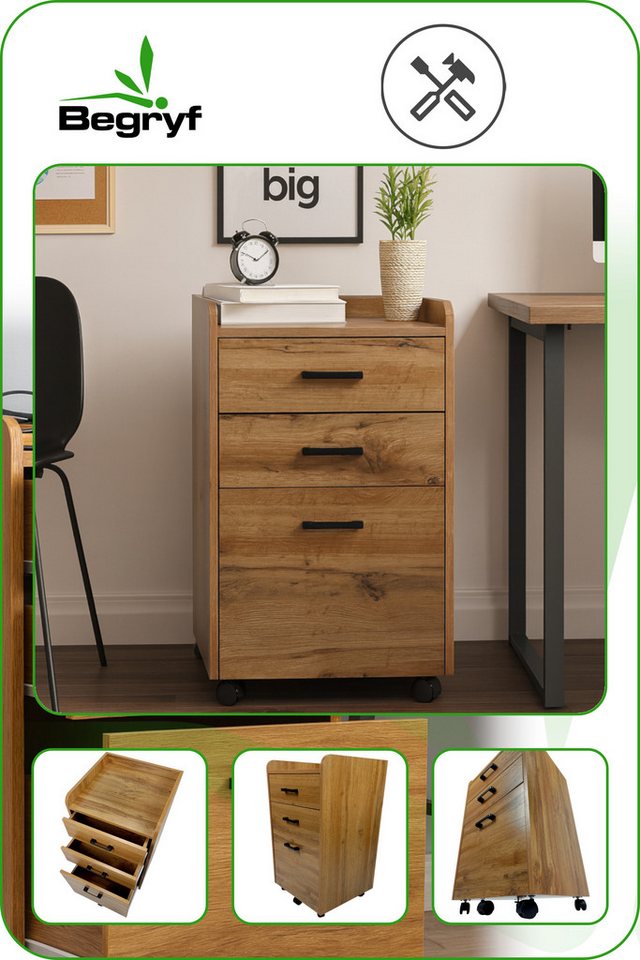 BEGRYF Rollcontainer Erlefarben 40 x 42 x 72 cm, mit 3 Schubladen, auf Rollen – Bild 2 von 5
