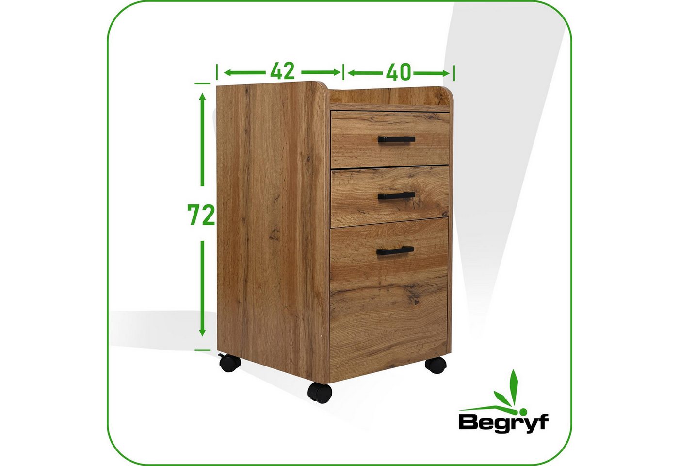 BEGRYF Rollcontainer Erlefarben 40 x 42 x 72 cm, mit 3 Schubladen, auf Rollen – Bild 3 von 5