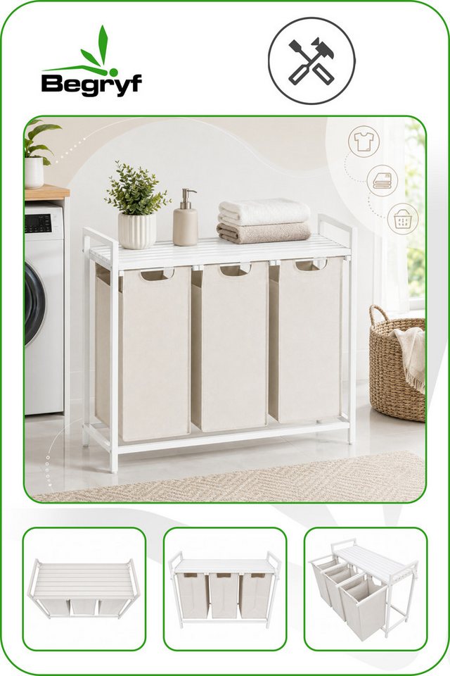 BEGRYF Wäschekorb Weiß Beige 92,5 x 33 x 71 3x38l, 3 F ächer, mit Ablage – Bild 2 von 5