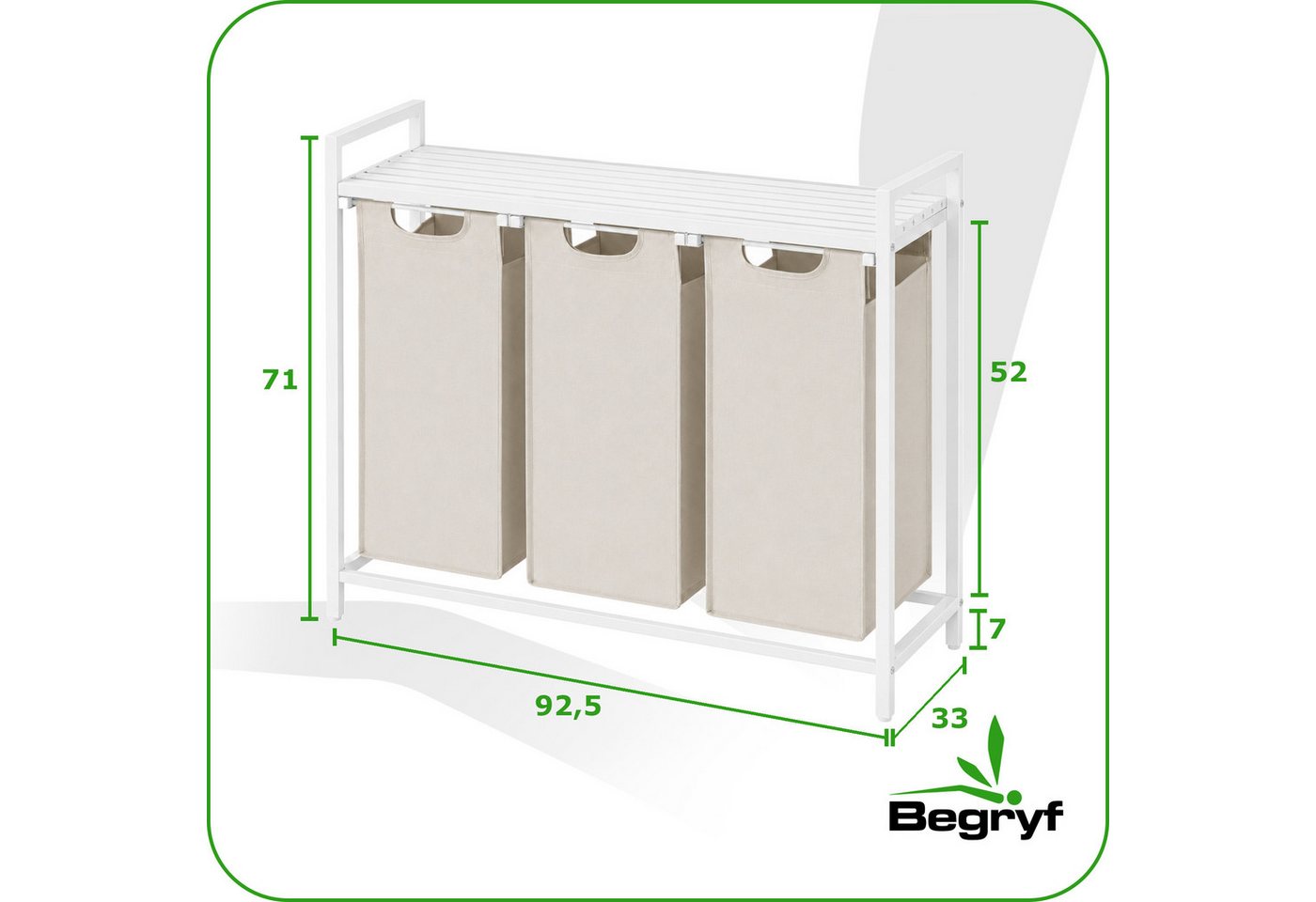 BEGRYF Wäschekorb Weiß Beige 92,5 x 33 x 71 3x38l, 3 F ächer, mit Ablage – Bild 3 von 5