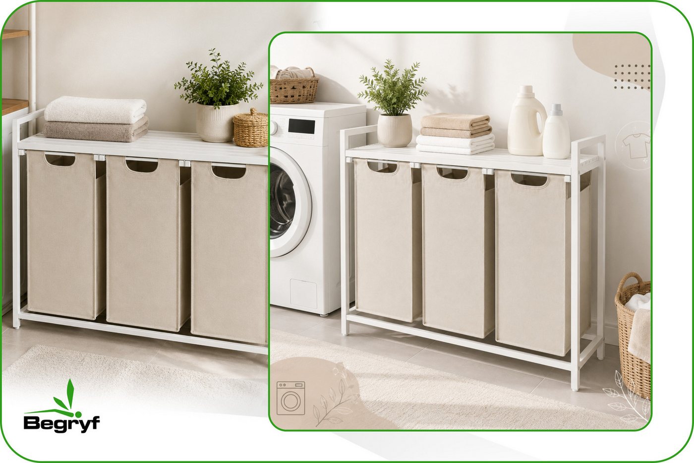 BEGRYF Wäschekorb Weiß Beige 92,5 x 33 x 71 3x38l, 3 F ächer, mit Ablage – Bild 4 von 5