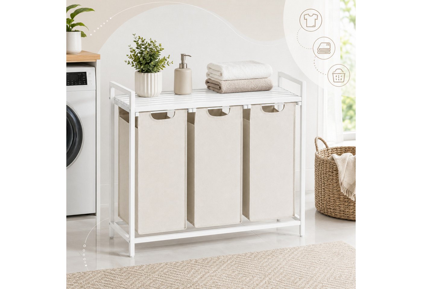 BEGRYF Wäschekorb Weiß Beige 92,5 x 33 x 71 3x38l, 3 F ächer, mit Ablage – Bild 5 von 5