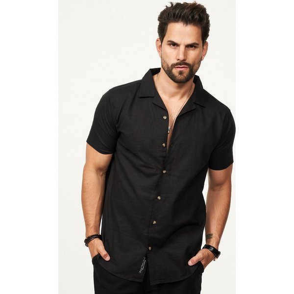 behype Kurzarmhemd aus Leinen Sommerhemd im Regular-Fit Herren Leinenhemd Freizeithemd mit offenen Reverskragen