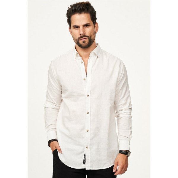 behype Langarmhemd aus Leinen im Regular-Fit Sommerhemd Herren Leinenhemd Freizeithemd mit Button-Down-Kragen