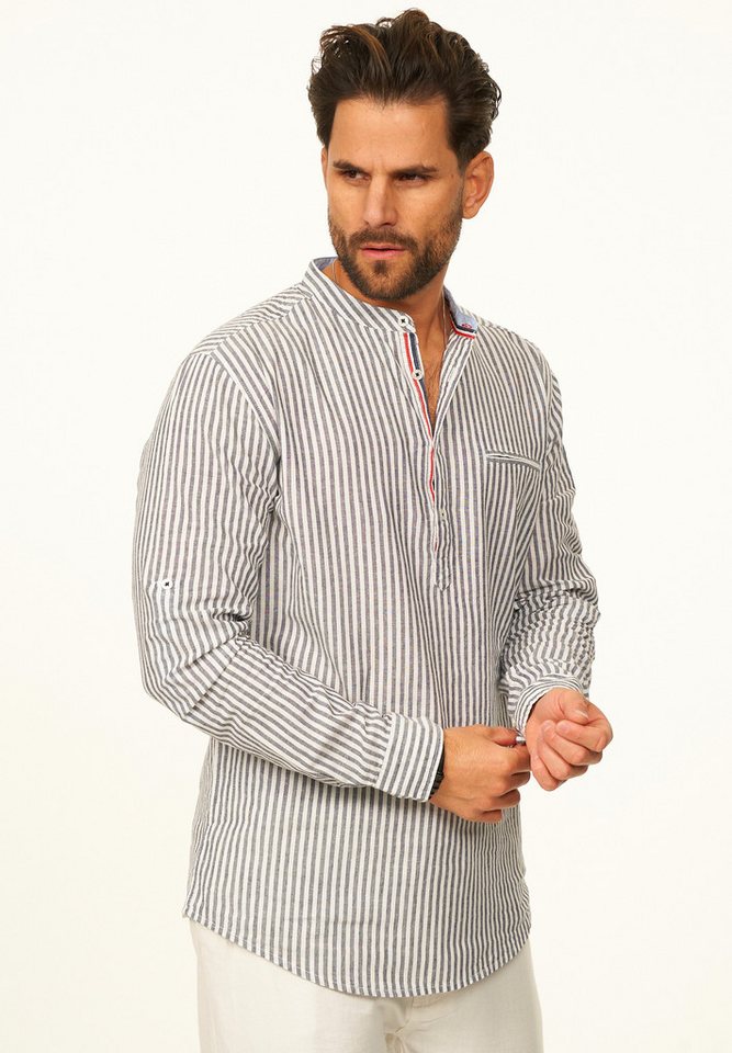 behype Langarmhemd Gestreift im Regular-Fit mit Henley-Stehkragen Herren Sommerhemd als Freizeithemd – Bild 3 von 5