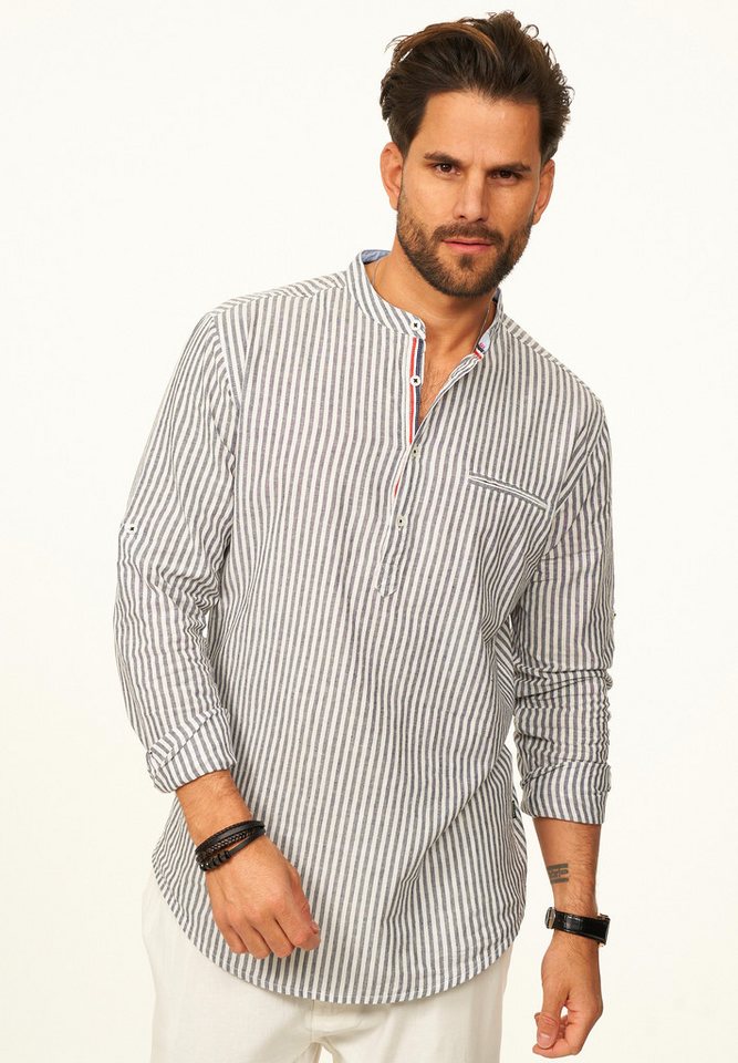 behype Langarmhemd Gestreift im Regular-Fit mit Henley-Stehkragen Herren Sommerhemd als Freizeithemd – Bild 4 von 5