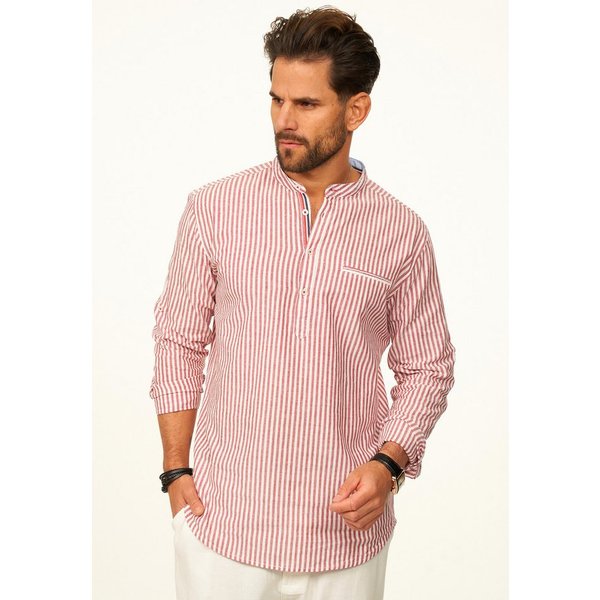 behype Langarmhemd Gestreift im Regular-Fit mit Henley-Stehkragen Herren Sommerhemd als Freizeithemd