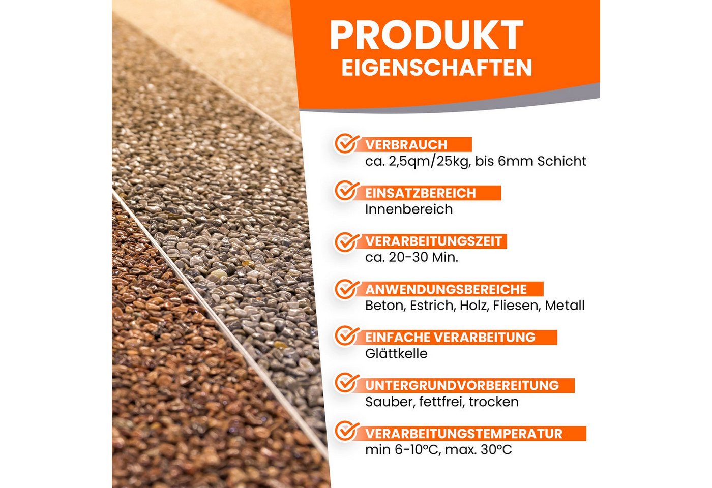 BEKATEQ Kieselsteine BK-600EP Steinteppich Set innen mit Bindemittel, (Set, 25kg Marmorkiesel + 1,5kg 2K Epoxy Kleber), Steinteppich Set Bodenbelag für 2qm, mit – Bild 3 von 5