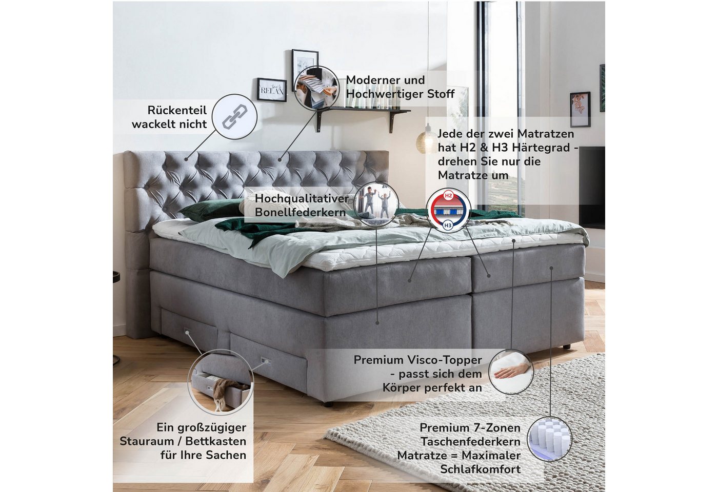 Belanoti Boxspringbett Lara (Unterbox, Stauraum, Matratze, Topper), 180x200 cm, mit Bettkasten, Visco-Topper, H2/H3 wendbar, 7-Zonen-TFK – Bild 4 von 5