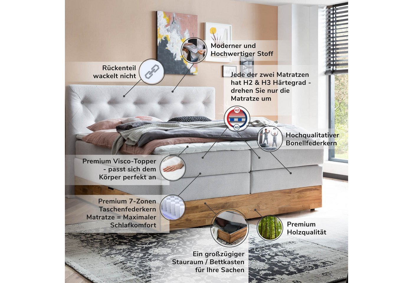 Belanoti Boxspringbett Marbo mit Bettkasten Eiche (Bett inklusive Matratze und Topper, 7-Zonen TFK-Matratze H2/H3 wendbar & 6 cm Visco-Topper), 140x200, 160x200 – Bild 4 von 5