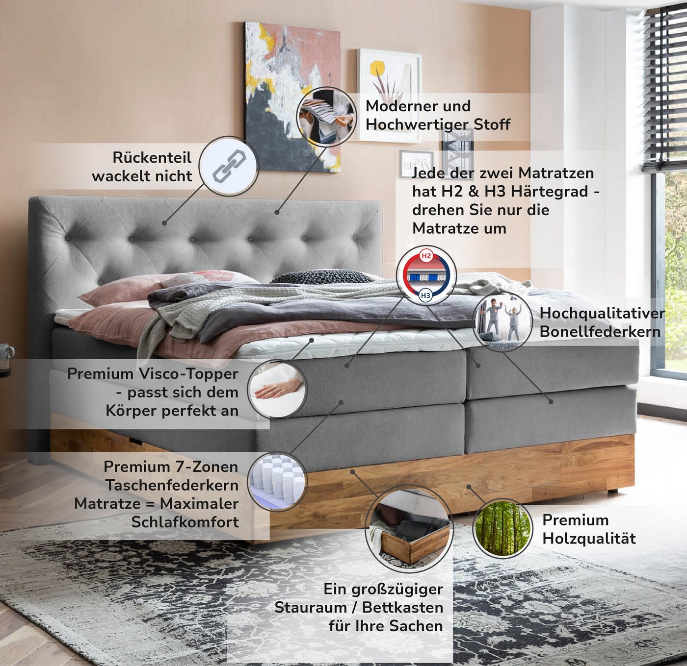Belanoti Boxspringbett Marbo mit Bettkasten Eiche (Bett inklusive Matratze und Topper, 7-Zonen TFK-Matratze H2/H3 wendbar & 6 cm Visco-Topper), 140x200, 160x200 – Bild 4 von 5