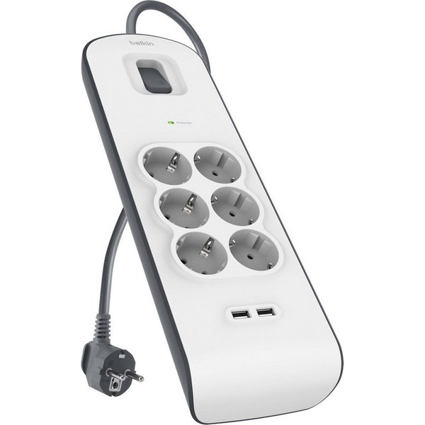 Belkin 6fach-Steckdosenleiste mit Überspannungsschutz, 2-m-Kabel und USB-A Steckdosenleiste 6-fach (Ein- / Ausschalter, Überspannungsschutz, Kabellänge 2 m), 2 