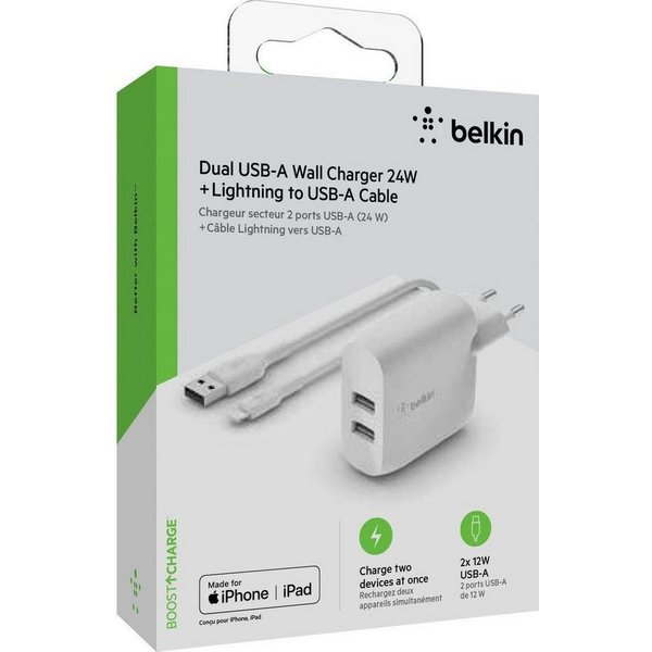 Belkin Dual USB-A Ladegerät incl. Lightning Kabel 1m Schnelllade-Gerät