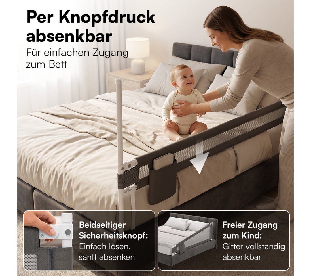 Bellabino Bettschutzgitter Drina, Rausfallschutz, Kinderbettgitter höhenverstellbar (150 cm breit, 1 St., Dunkelgrau, mit Sicherheitsgurt), klappbar & kombinier – Bild 2 von 5