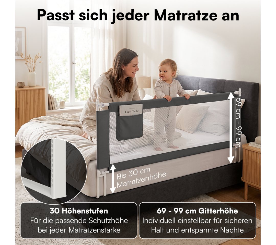 Bellabino Bettschutzgitter Drina, Rausfallschutz, Kinderbettgitter höhenverstellbar (150 cm breit, 1 St., Dunkelgrau, mit Sicherheitsgurt), klappbar & kombinier – Bild 3 von 5