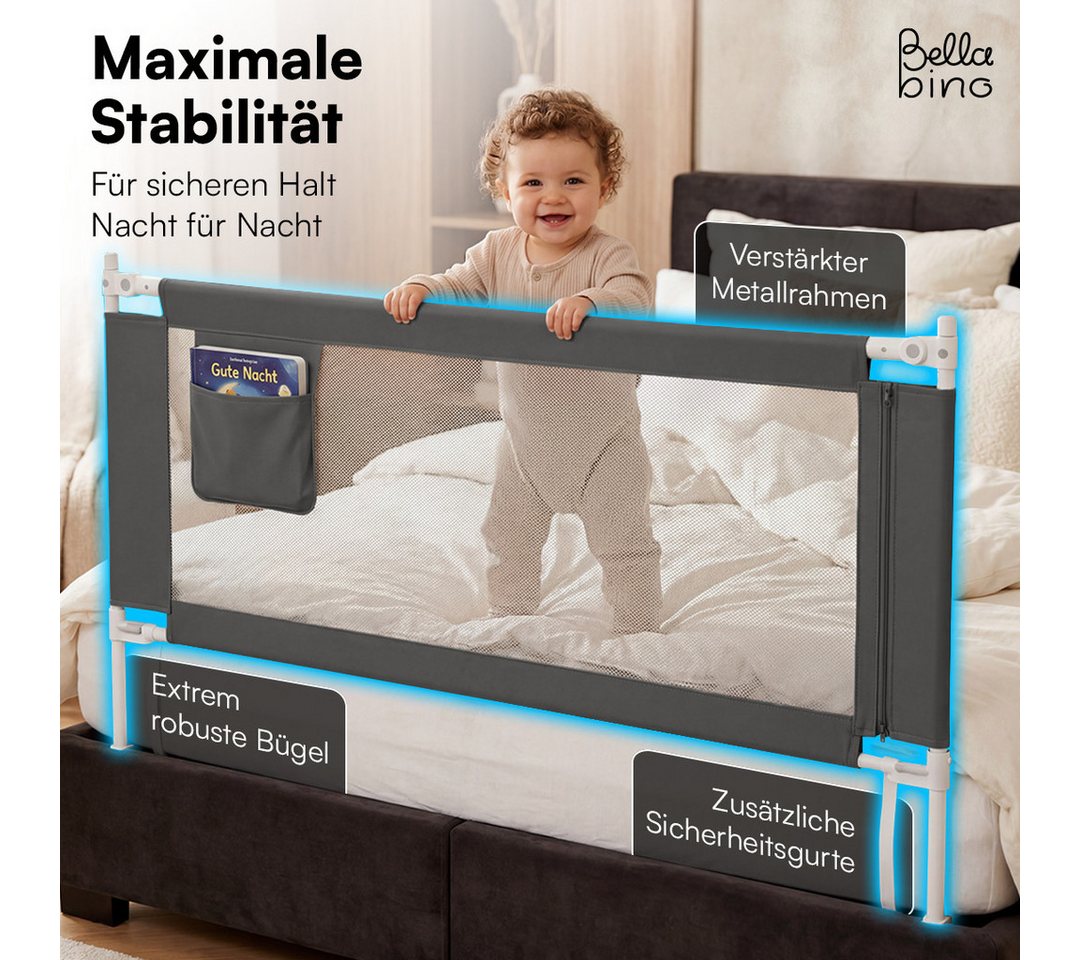 Bellabino Bettschutzgitter Drina, Rausfallschutz, Kinderbettgitter höhenverstellbar (150 cm breit, 1 St., Dunkelgrau, mit Sicherheitsgurt), klappbar & kombinier – Bild 4 von 5