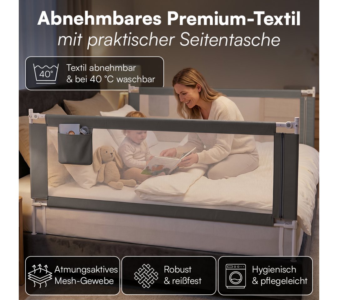 Bellabino Bettschutzgitter Drina, Rausfallschutz, Kinderbettgitter höhenverstellbar (150 cm breit, 1 St., Dunkelgrau, mit Sicherheitsgurt), klappbar & kombinier – Bild 5 von 5